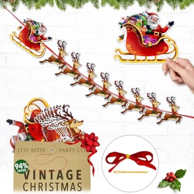 Image of Premium Reusable Christmas Bunting Father and Reindeer Decorations, Banner, Garland, Hanging Decorations Indoor, Paper Window