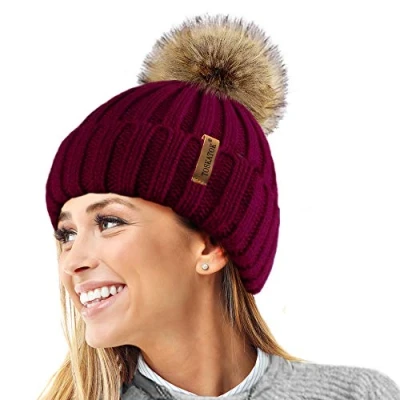 Image of TOSKATOK®Womens Warm Winter Hat Woolly Knitted Beanie with Detachable Chunky Faux Fur Bobble Pom Burg Burgundy