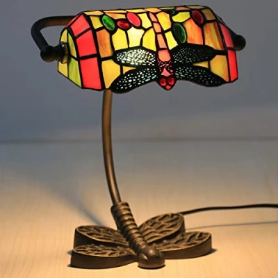 Image of Uziqueif Bankers Lamp, Tiffany Table Lamp Vintage Dragonfly Design,Stained Glass Lampshade, for Living Room Bedside Desk Bedroom Coffee