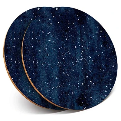 Image of 2 x Round Coasters Watercolor Dark Navy Night Sky Stars Art Cork Backed Home Kitchen Accessory Tea Coffee Mug Mat #24407