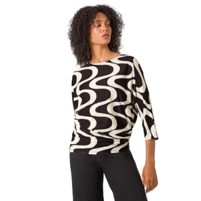 Image of Roman Originals Blouson Top for Women UK Ladies Drop Shoulder Long Sleeve Jersey Stretchy Oversized Casual Office Jumper Soft Everyday Sweater Lounge Sweatshirt Blouses Black Ivory Size 12