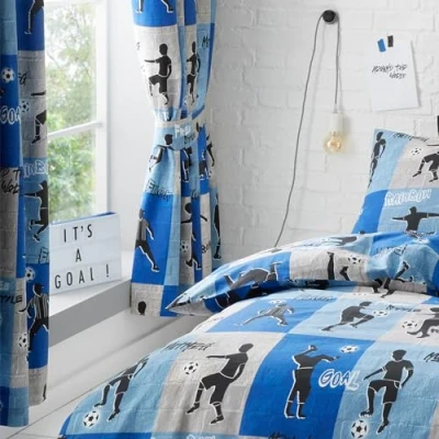 Image of Happy Linen Company Boys Girls Kids Freestyle Football Tricks Blue 66&quot; x 72&quot; Fully Lined Pencil Pleat Curtain Set