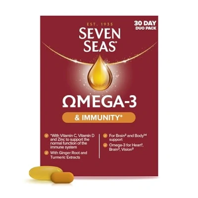 Image of Seven Seas Omega 3 Fish Oil Immunity, 1000 mg + 300 3, 60 High Strength Tablets, 260 EPA &amp; DHA Vitamin D, With C Zinc, Duo Pack: 30 Capsules Tablets