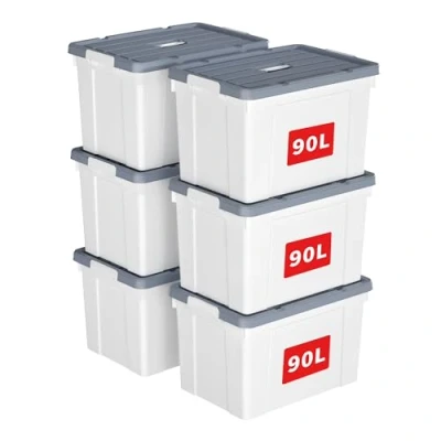 Image of Cetomo 90L*6 Storage Boxes, Carry Plastic Box with Lids, Organizing Container Handle and Secure Latching Buckles, Stackable, Nestable, Tote Bin for Home Office Clothes, 90L 6Pack, White