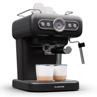 Image of Klarstein Espresso Portafilter Machine with Milk Frother, 1.2 L Retro Mini Portafilter, 950 Watt Coffee Small, Stainless Steel for Cappuccino, &amp; Latte