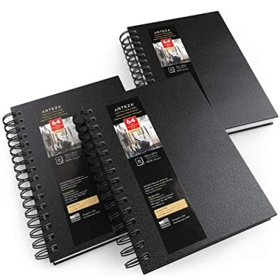 Image of Arteza Premium Watercolour Sketchbook, 14 x 21.6 cm, 3 Pack, 96 Sheets, 300gsm Paper Pad, Black Hardcover Journal, Spiral Bound, Art Supplies for Techniques and Mixed Media