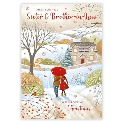 Image of Sister &amp; Brother in Law Christmas Card Couple the Snow Artistic Scenic Festive Design Special Finish and Illustrated Insert Leaf Made UK Eco Friendly