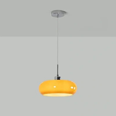 Image of SWEMOPP 11&quot; Milk Glass Pendant Light Mid Century Modern Orange Ceiling Hanging Lamp Drum Shade Vintage Gold Chrome Farmhouse Chandelier For Kitchen Island Dining Room Foyer