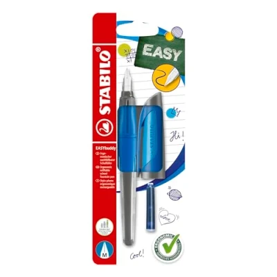 Image of STABILO Ergonomic School Fountain Pen EASYbuddy M Nib (Medium) Right Handed Pack of 1 Dark Blue/Light Blue including Ink Cartridge