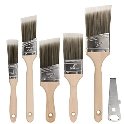Image of Paint Brush, 5 Pcs Decorating Wood Brushes &amp; Multifunctional Can Opener Set, Strong Bristle Brush Heads for Furniture, Walls, Ceilings Detail Painting