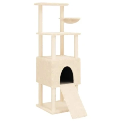 Image of vidaXL Cat Tree with Plush Platforms and Natural Sisal Posts in Cream Color, Engineered Wood Tower for Indoor Climbing Scratching