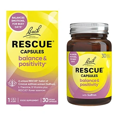 Image of Rescue Balance and Positivity Capsules (30 Day Supply) Saffron, B5 B12 Vitamins, Flower Essences, Vegan Mood Enhancer for Emotional Busy Days