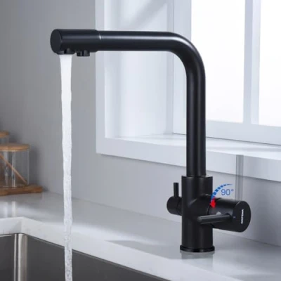 Image of GRIFEMA G4003 3 Way Water Filter Tap, Kitchen Drinking Taps Sink Mixer Brass Swivel Spout with 2 Handles, Hot, Cold and Tap for Kitchen, G3/8&quot; Hose, 360 Swivel, Chrome, Black