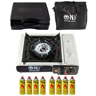 Image of NJ 500 Portable Camping Gas Stove Single Burner Stainless Steel Outdoor Butane Canisters (Stove + 8 Canisters)