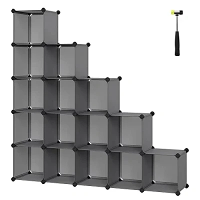 Image of SONGMICS 16 Cube Storage Unit, Shoe Rack, DIY Shelving System, Stackable Cubes, PP Plastic Shelf, Wardrobe, Closet Divider, for Bedroom, Office, 31 x 123 cm, Grey LPC442G01