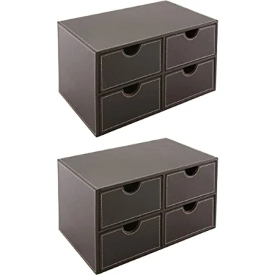 Image of OSCO Brown Faux Leather 4 Drawer Chest 2 Pack Stationery Organiser Stackable Makeup Container Jewellery Box Not A4 Size H18.5 x W33 D20.5 cm