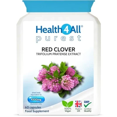 Image of Health4All Red Clover 4500mg 60 Capsules (V) High Strength Extract: 24mg isoflavones in Each Capsule for Menopause Support. Vegan Supplement