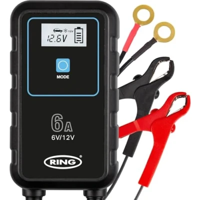 Image of Ring Automotive RSC906 6A Smart Car Battery Charger, 6V &amp; 12V Maintainer 9 Stage Charger for AGM, Leisure, Lithium, Car, SUV and Van Batteries, BLACK