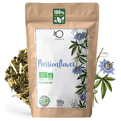 Image of ORIGEENS organic PASSION FLOWER Tea 100g Sleeping and Calm passiflora herbal tea, aboveground parts of incarnata (leaves, stems, flowers)