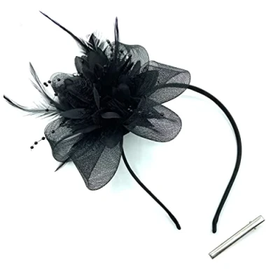 Image of Ladies Beaded Feather Fascinator Clip/Headband Weddings, Races, Royal Ascot (Black)