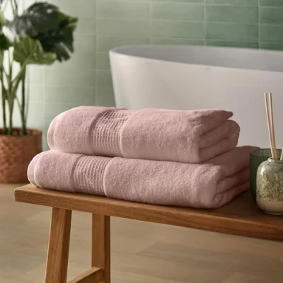 Image of Silentnight Luxury Cotton 2x Hand Towel Luxuriously Soft &amp; Super Absorbent Deep Pile 100% BCI Textured Waffle Border 90 x 50cm Machine Washable, Pink, 2 Pack