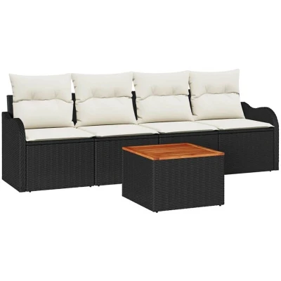 Image of vidaXL 5 Piece Garden Sofa Set with Cushions Black Poly Rattan Acacia
