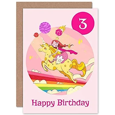 Image of Wee Blue Coo Unicorn Princess Rainbow 3rd Birthday Greeting Card With Envelope Blank Inside Premium Quality