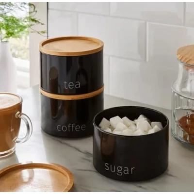 Image of Bloomingtons Direct Stackable Kitchen Storage Canisters, Black 3pk Tea, Coffee, Sugar Metal Stacking Canisters Tins, Matte Finish and Wooden Airtight Lids Jars