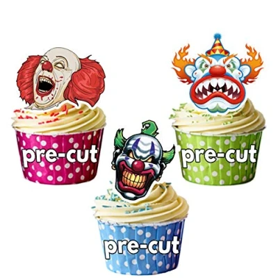 Image of AK Giftshop PRE CUT Halloween Scary Clown Faces Party Pack Edible Cupcake Toppers/Cake Decorations (Pack of 36)