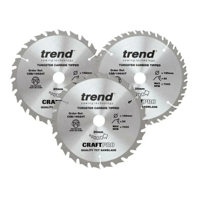 Image of Trend Wood Cordless Circular Saw Blades, 165mm Diameter, 20mm Bore, 24 &amp; 40 Teeth, TCT, 1.5mm Kerf, +15 Hook, CSB/165/3PK/C