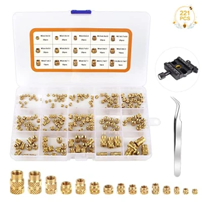Image of 221PCS Thread Knurled Brass Nuts, M2 M2.5 M3 M4 M5 M6 Insert Embedment Nuts Assortment Kit Female Threaded for 3D Printing(6 Specifications)