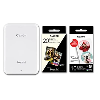 Image of Canon Zoemini Instant Mini Photo Printer (White) + pack of 20 sheets 10 circle stickers