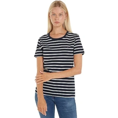Image of Tommy Hilfiger Women&#039;s T Shirt Short Sleeve Slim Cody Rib C Neck Fit, Multicolor (Breton Desert Sky/Ecru), M