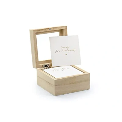 Image of PartyDeco Wooden Guest Book Box with 110 Advice Cards Unique Wedding Alternative, White Gold Inscription for and Wishes, 9.5 x 6 cm