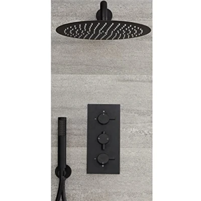 Image of Milano Nero Modern Thermostatic Mixer Valve 300mm Wall Mounted Hand Shower Head Black