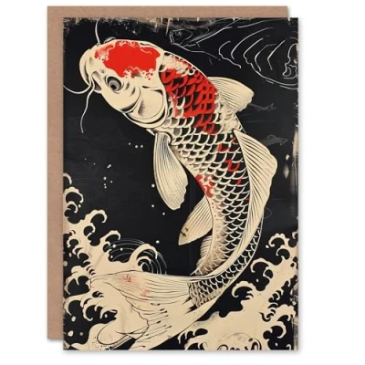 Image of Artery8 Traditional Black Red Japanese Koi Carp Artwork Greeting Birthday Card Him Her All Blank