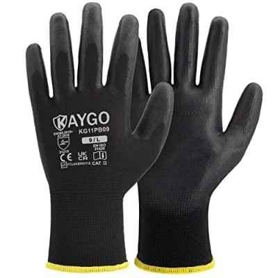 Image of KAYGO Work Gloves PU Coated 60 Pairs, KG11PB, Safety Working with Secure Grip on Palm &amp; Fingers, for Men and Women, Ideal General Duty Work, Gardening(Large, Black)