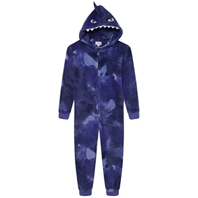 Image of Evotex Trading Girls/Boys Fleece Shark Onesie Childrens All In One Kids Jumpsuit Blue Age 5/6 Years