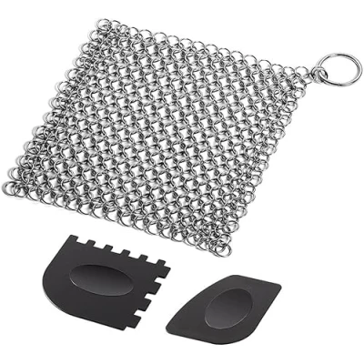 Image of VG® Cast Iron Cookware Cleaner for Skillet,Griddles,Wok, Pot, Pan Hygienic Option to Scouring Pad Rust Free Protects Seasoning Square 7 Inch Stainless Steel Scrubber &amp; 2 Durable Scrapers