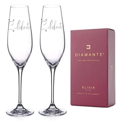 Image of DIAMANTE Swarovski Champagne Flutes Crystal Prosecco Glasses with “Celebrate Slogan Embellished Crystals Gift Boxed Pair
