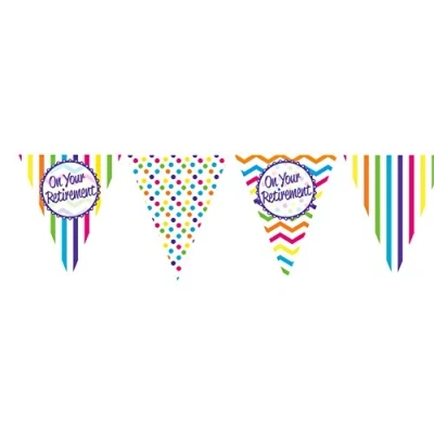 Image of Anniversary House On Your Retirement Chevron Stripe Polka Dot Paper Flag Bunting Party Decorations 11 Flags Banner Decoration for Men, Women, Unisex M249