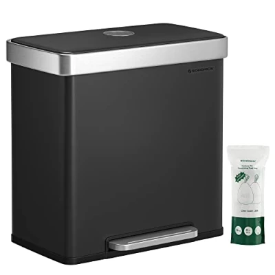 Image of SONGMICS Kitchen Bin, 2 x 30L Stainless Steel Pedal Rubbish Bin with 15 Trash Bags, Recycling and Waste, Plastic Inner Buckets, Lid, Soft Closure, 58.2 31.5 60.5 cm, Black LTB202B01