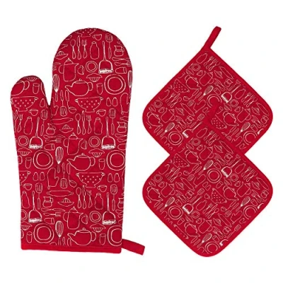 Image of Heat Resistant Oven Gloves Set 1 Thick Cotton Mitts with 2 Placemat Pot Holders Long Cuffs Baking for Kitchen, Cooking, Barbeque 3 Pieces (Red)