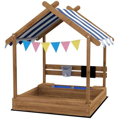 Image of Outsunny Sand Pit Wooden Sandpit Kids Sandbox House for Outdoors, Gardens with Canopy, Liner, Blackboard, Sink, Seats, Flags, Ages 3 7 Years Brown