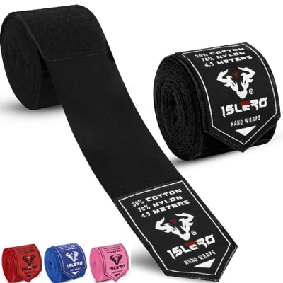 Image of Islero 4.5m Boxing Hand Wraps Inner Gloves Elasticated Fabric Thumb Loop Bandages Straps Wrist Protection Muay Thai MMA Kickboxing Martial Arts Speed Bag Punching Training (Black)