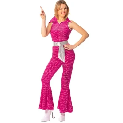 Image of SoWest 70s Disco Costume, Black Sequin Jumpsuit, Adult Costume with Belt for Stage Performance and Halloween Dress up Party (Pink, Medium)