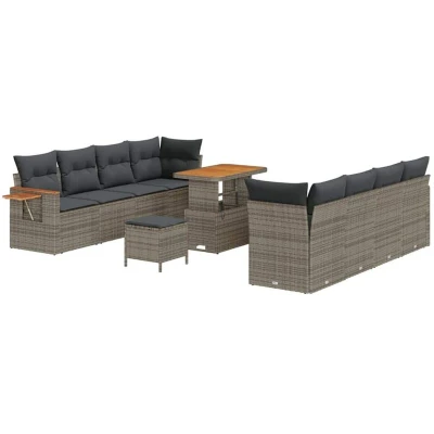 Image of vidaXL 11 Piece Garden Sofa Set with Cushions Grey Poly Rattan Acacia