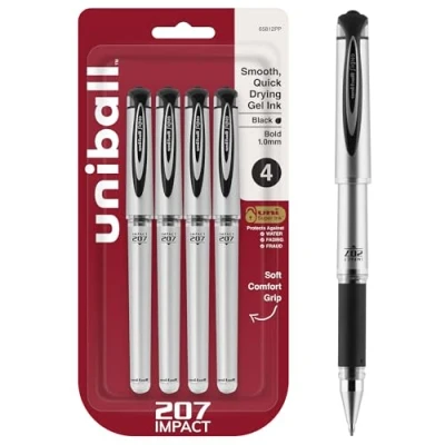 Image of Uni Ball Signo 207 Impact Stick Gel Pen, 4 Black Pens, 1.0mm Bold Point Smooth Writing, Archival Quality Ink, Acid Free, Superior Comfort