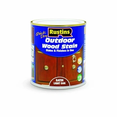 Image of Rustins Quick Dry Outdoor Wood Stain Satin Light Oak 500ml Durable and Weather Resistant Finish, Fast Drying, Vibrant Color for Decks, Fences, &amp; Furniture, Available in Many Shades
