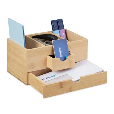 Image of Relaxdays Desk, 2 Drawers, 3 Compartments, Made of Bamboo, HxWxD: 12 x 24 14.5 cm, Office Organiser, Natural